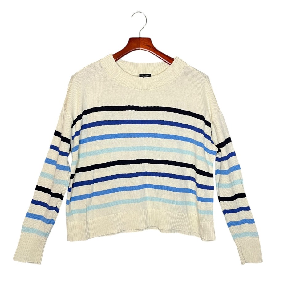 Talbots Stripe Crew Neck Sweater Oversized‎ Boxy Pima Cotton Sz L Coastal Preppy